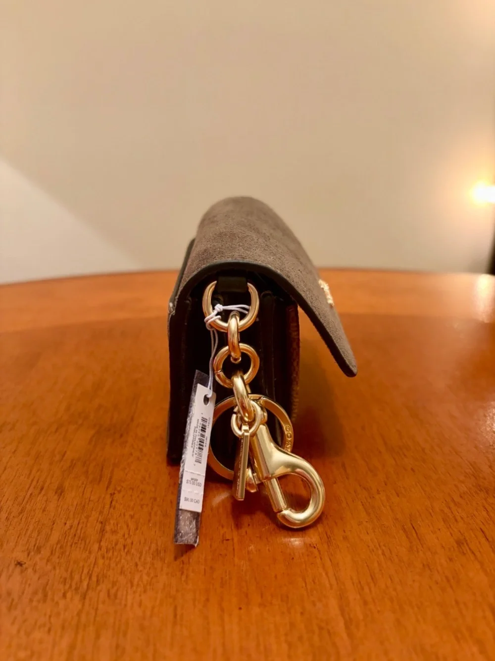 Coach Klare Bag Charm Green Suede With Tan Signature Canvas Brass Hardware  NWT